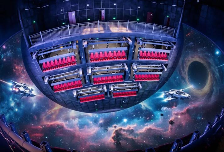 full spherical LED dome flying theater interior render