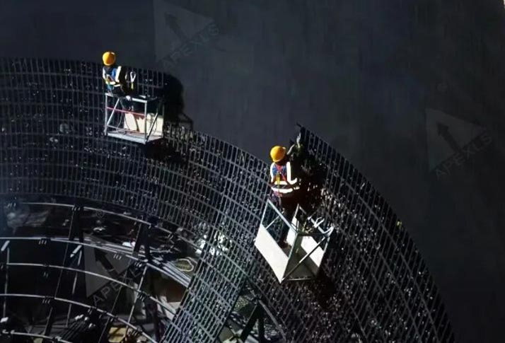 workers install large LED dome screen on curved steel framework for immersive flying theater project