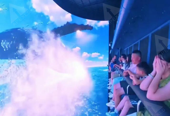Visitors experiencing immersive multi-sensory flying theater with wrap-around LED dome screen